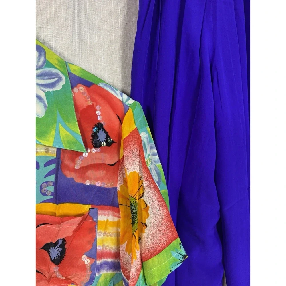 Vintage NWT Diane Gilman 100% Silk Blouse Reversible Pants Set Women's 2X Floral - Picture 14 of 16